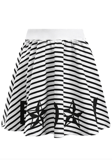 Stripe Star Letter Print Elasticated High Waist A-Line Mini Skirt