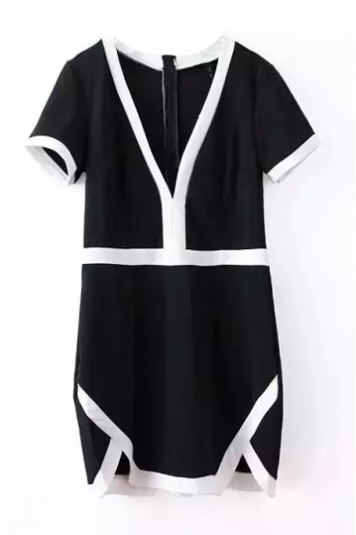 Black Background White Hem V-Neck Short Sleeve Shift Dress