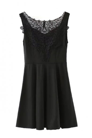 Black Sleeveless Lace Panel Ruffle Hem Dress - Beautifulhalo.com
