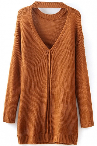 Brown Round Neck Long Sleeve Hollow Back Sweater