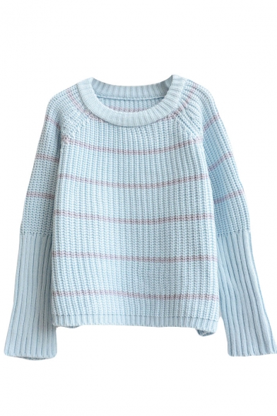 Long Sleeve Stripe Raglan Sleeve Fitted Sweater - Beautifulhalo.com