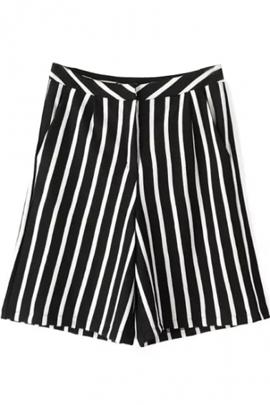 Black-White Stripe High Rise Wide Leg Shorts