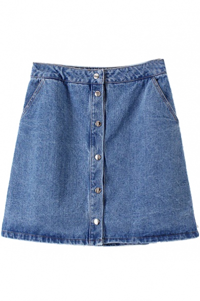 Plain Button Double Pocket Denim Mini A-Line Skirt