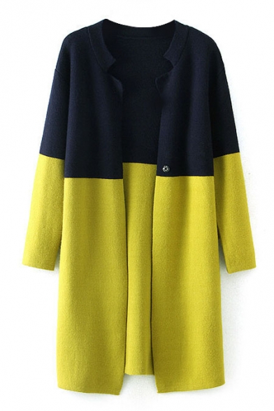 Round Neck Color Block Long Sleeve Open Front Cardigan
