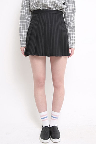 Stripe Zip Side Pleated Mini A-Line Skirt - Beautifulhalo.com