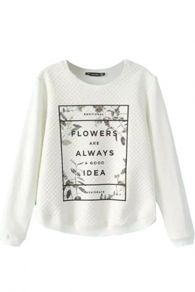 White Long Sleeve Floral Print Crop Sweatshirt