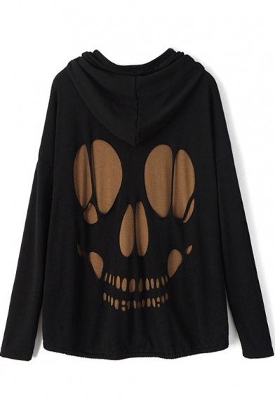 Black Skull Pattern Back Dip Hem Hooded Coat - Beautifulhalo.com