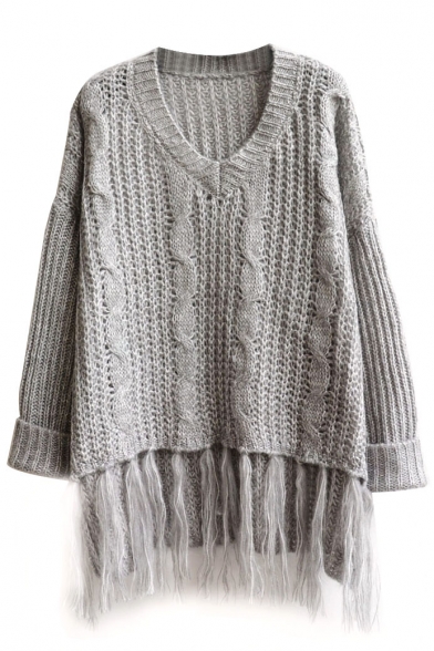 Gray Long Sleeve V-Neck Cable Knit Tassel Trim Sweater