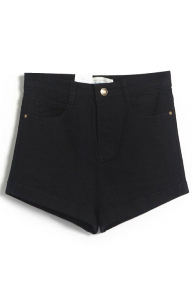 Plain Mid Waist Zip Fly Cuffed Denim Shorts - Beautifulhalo.com