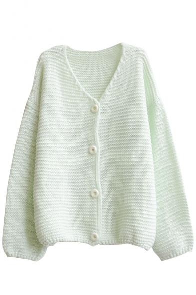 Plain V-Neck Single-Breasted Long Sleeve Knit Woolen Cardigan
