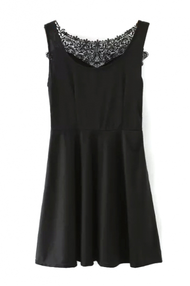 Black Sleeveless Lace Panel Ruffle Hem Dress - Beautifulhalo.com