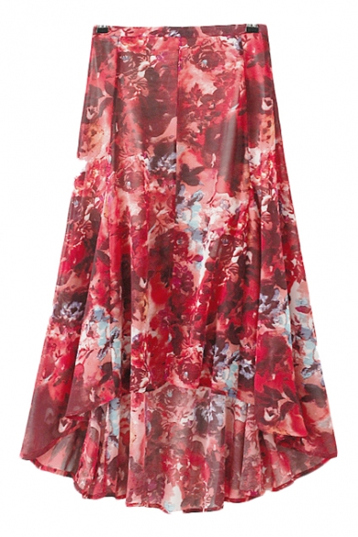 Floral Ink Print High Waist Slit Front Asymmetric Midi Skirt