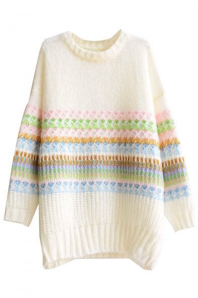 Long Sleeve Mohair Stripe Jacquard Round Neck Sweater