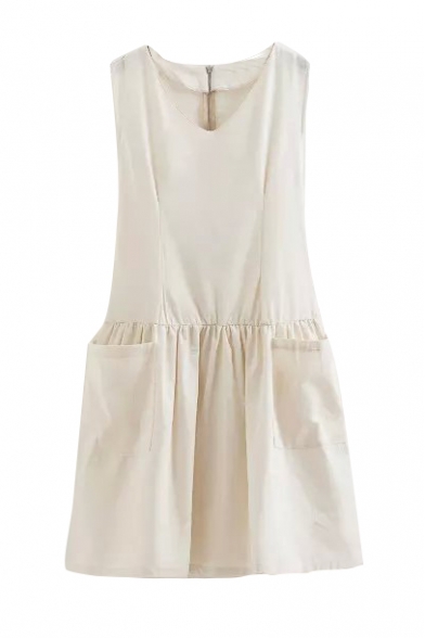 Plain V-Neck Sleeveless Double Pocket Linen Dress