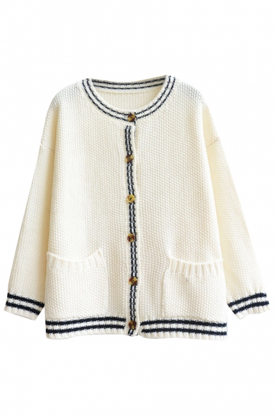 Stripe Round Collar Single-Breasted Double Pocket Long Sleeve Knit Cardigan