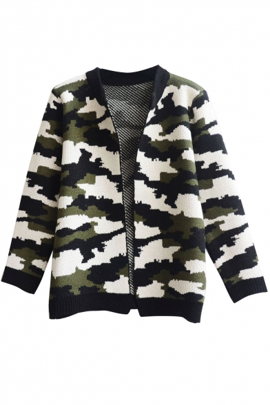 Camouflage Color V-Neck Open Front Long Sleeve Cardigan