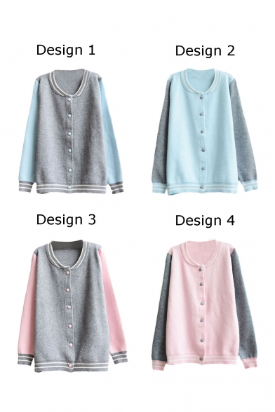 Color Block Round Collar Single-Breasted Long Sleeve Cardigan