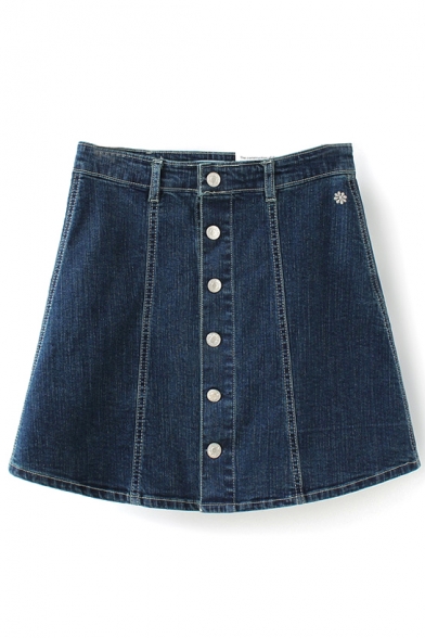 Plain High Waist Single-Breasted A-Line Denim Skirt