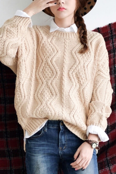 Apricot Round Neck Long Sleeve Cable Knitted Sweater