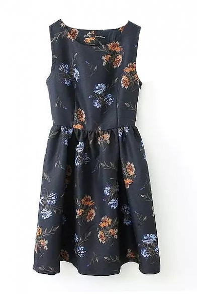 Black Sleeveless Cutout Back Floral Print Dress