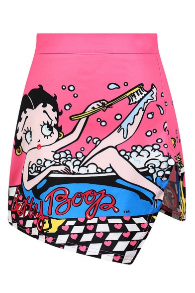 Cartoon Print Zip Back Slit Wrap Mini Skirt