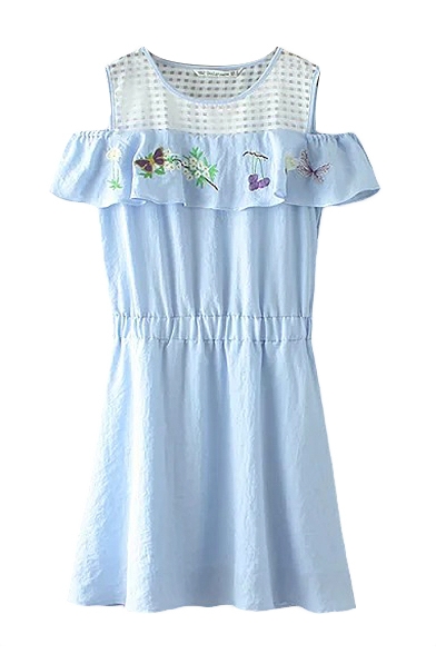 Blue Open Shoulder Ruffle Trim Floral Embroidered Dress
