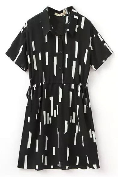 Geometric Print Lapel Short Sleeve Tied Dress