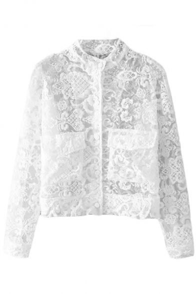 Plain Stand Collar Single-Breasted Lace Coat