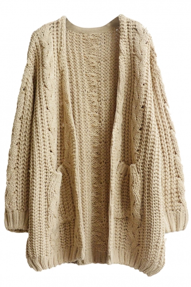 Plain V-Neck Double Pocket Open Front Cable Knit Long Sleeve Cardigan
