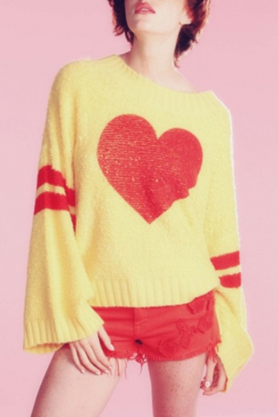 Red Heart Pattern Flare Long Sleeve Loose Sweater