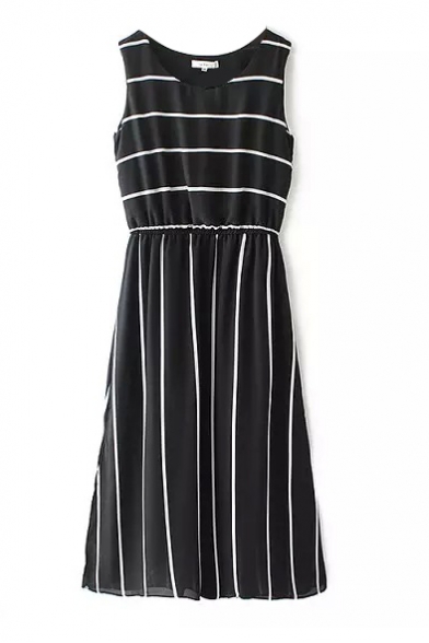 Sleeveless Stripe Print Round Neck A-Line Dress
