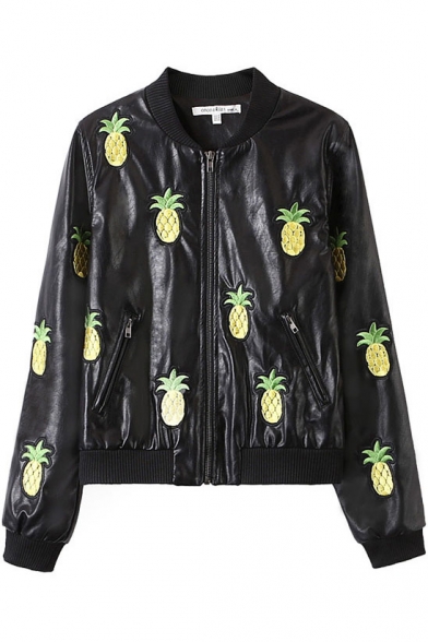 Black Embroidered Pineapple PU Jacket