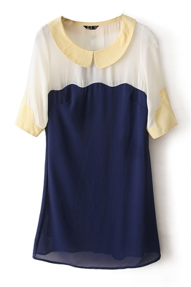 Colorblock Round Collar Short Sleeve Shift Dress