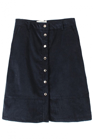 Plain High Waist Button A-Line Midi Skirt