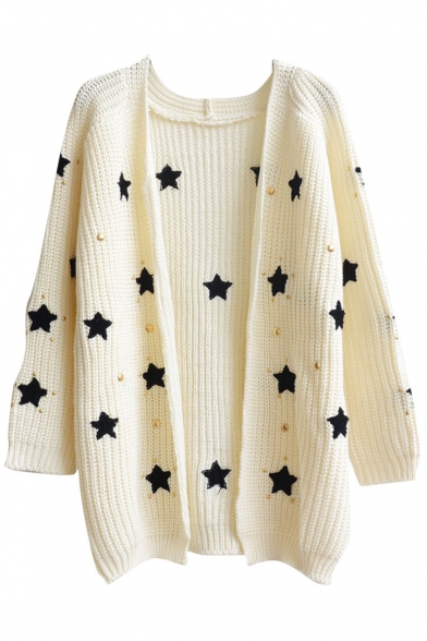 Stars Embroidery V-Neck Open Front Long Sleeve Knit Cardigan