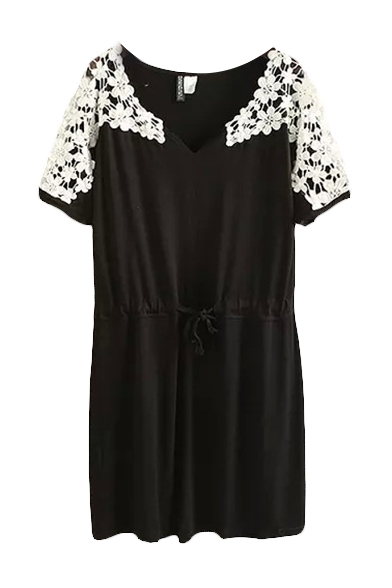 V-Neck Lace Embroidery Shoulder Tie Waist Short Sleeve Dress