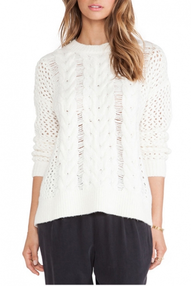 White Cutout Long Sleeve Cable Knitted Sweater