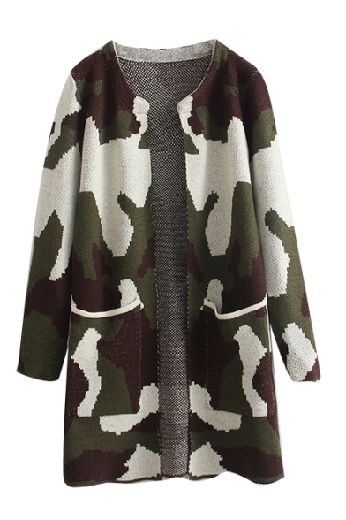 Camouflage Print Long Sleeve Round Neck Open Front Double Pocket Longline Cardigan