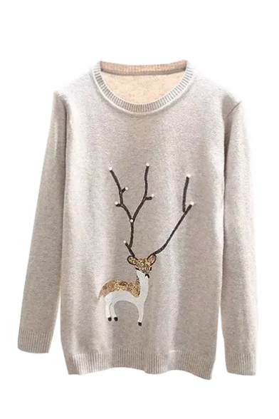 Cute Deer Print Beaded Round Neck Long Sleeve Sweater
