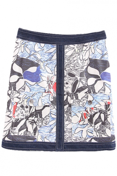 Floral Print High Waist Zip Side Denim Wrap Mini Skirt