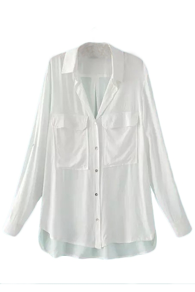 Lapel Plain High Low Double Pocket Single Breasted Long Sleeve Shirt