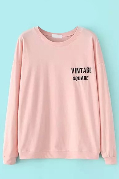 Letter Embroidery Round Neck Long Sleeve Sweatshirt - Beautifulhalo.com