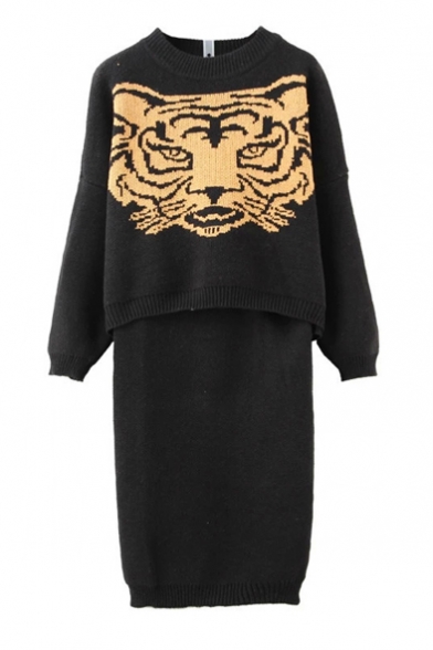 Tiger Pattern Round Neck Long Sleeve Sweater with Knit Pencil Skirt
