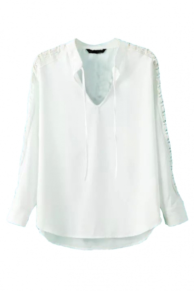 White V-Neck Long Sleeve Hollow Shoulder Shirt