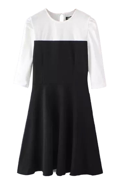 Black-White Color Block Round Neck Zip Back 3/4 Length Sleeve A-Line Dress