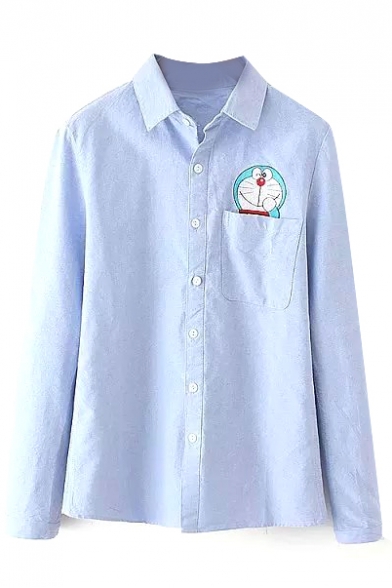 Cartoon Embroidery Long Sleeve Single Breasted Lapel Shirt