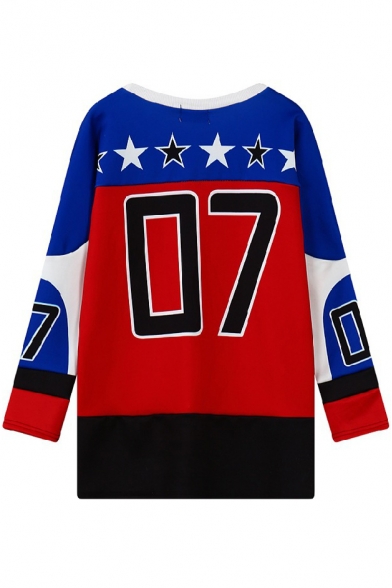 Color Block Stars and Letters Print Round Neck Long Sleeve Sweatshirt