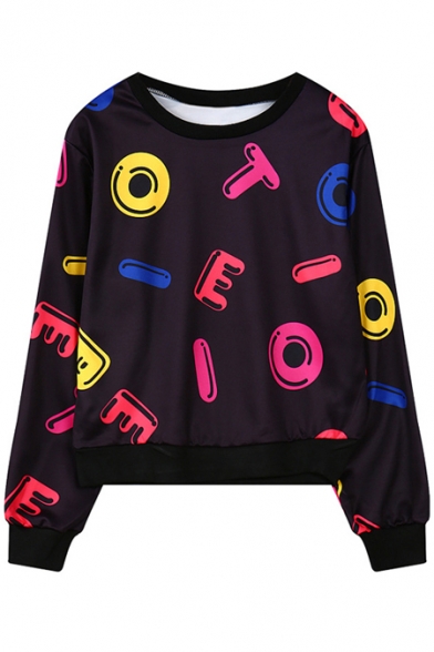 Colorful Letter Print Round Neck Long Sleeve Cropped Sweatshirt