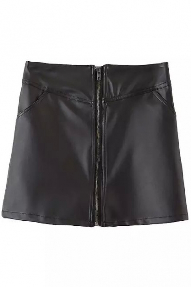 Cool Black PU Zip Front Wrap Mini Skirt