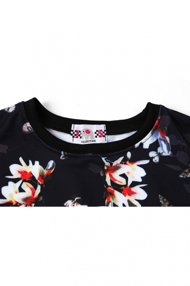 Floral Butterfly Print Round Neck Long Sleeve Sweatshirt